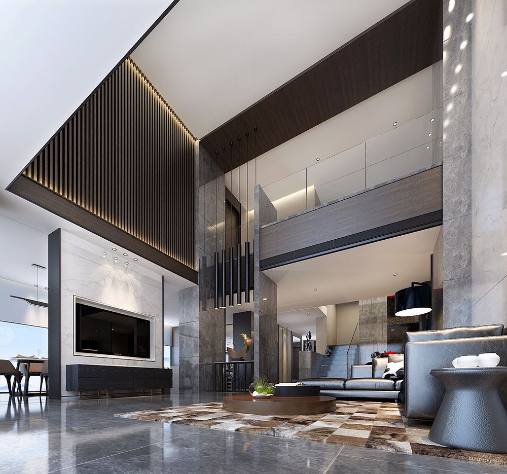 黑白灰现代简约风格室内装修效果图-阳江天湖郦都别墅420平米